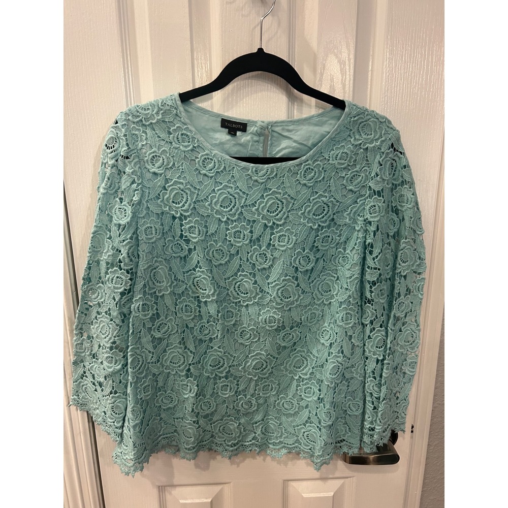 Talbots Lace Blouse Light Blue Floral Crochet 3/4 Sleeve Lined Top Size 12